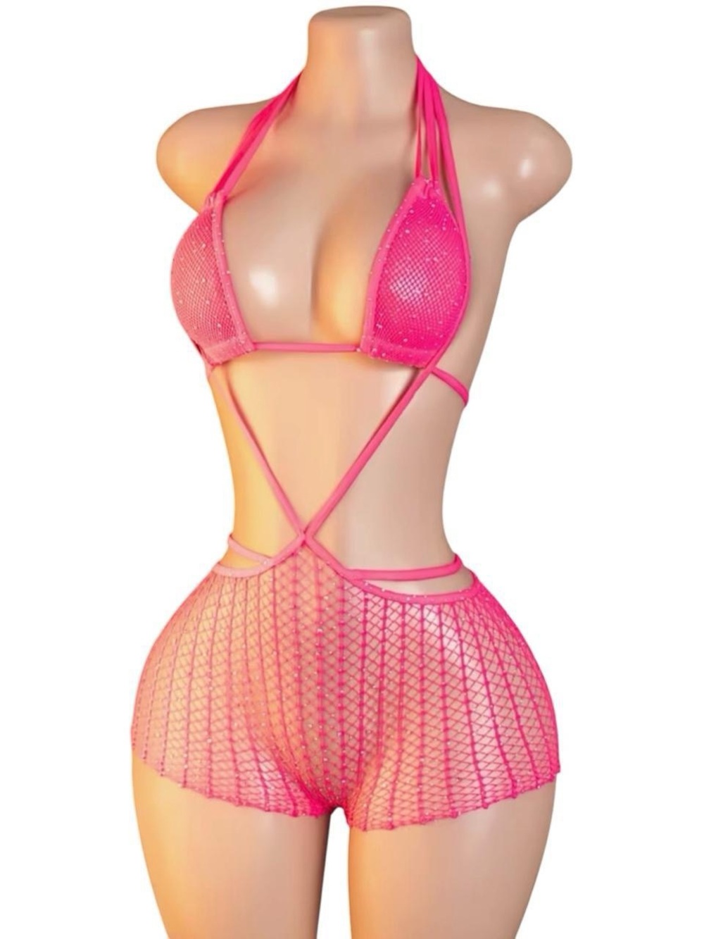 Neon Pink Rhinestone Mesh Short Set - One Size - Picture 6 of 8